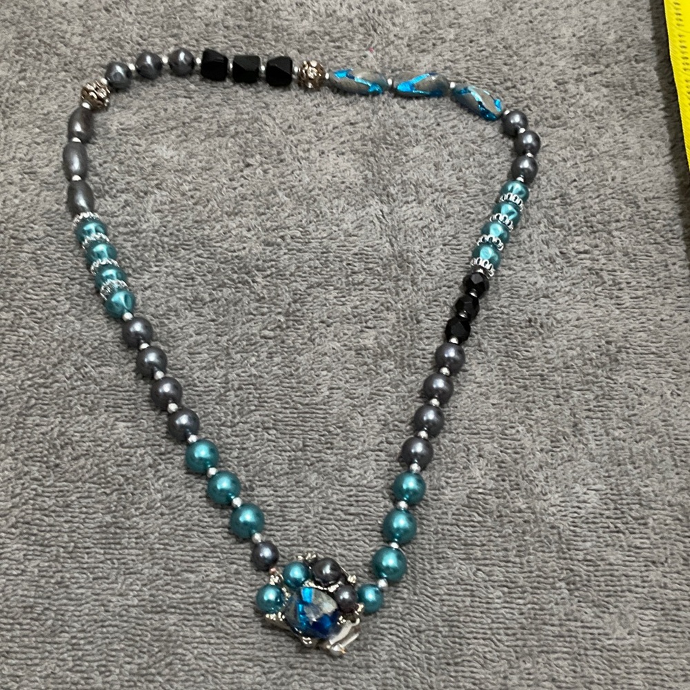 Teal and Gray Beaded Necklace with Blue Crystal Accent